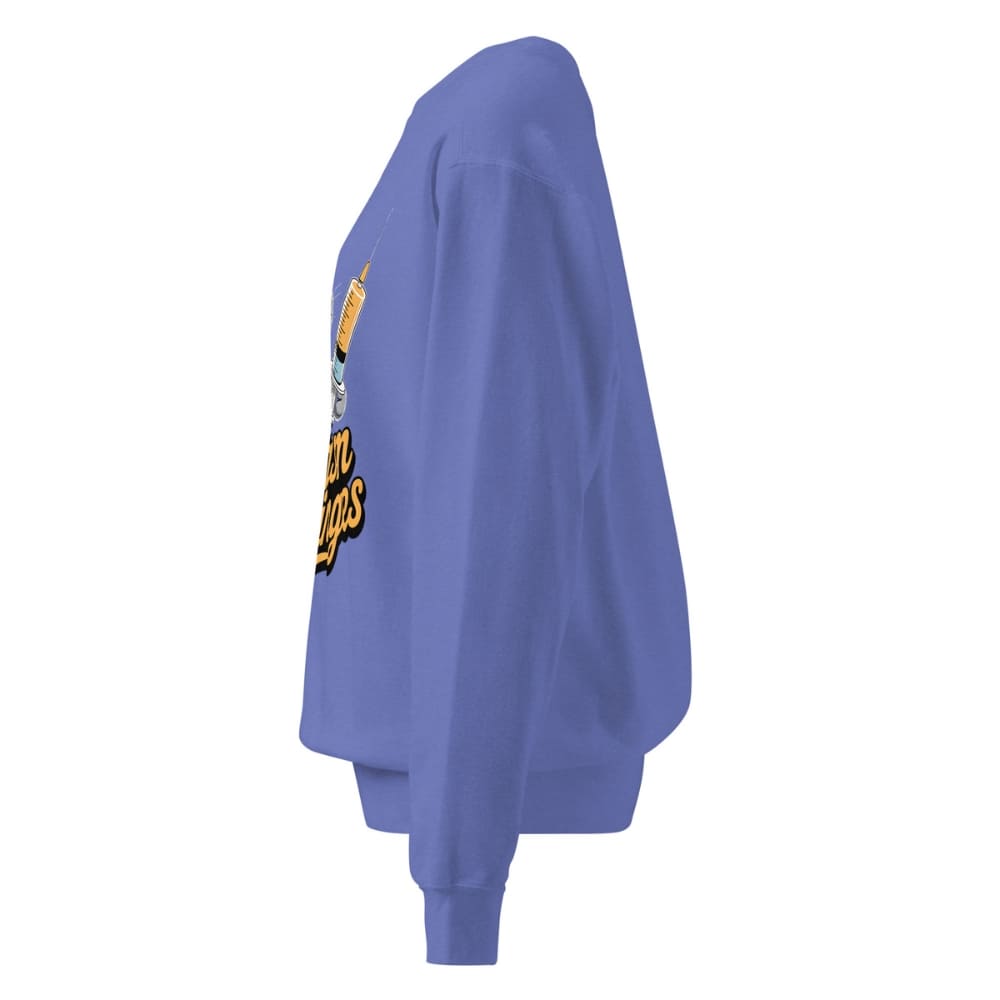 Blue sweatshirt with a logo on the sleeve against a white background