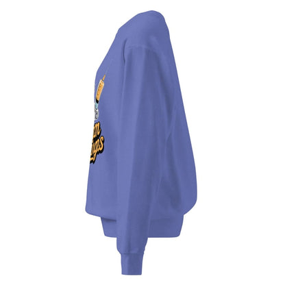 Blue sweatshirt with a logo on the sleeve against a white background