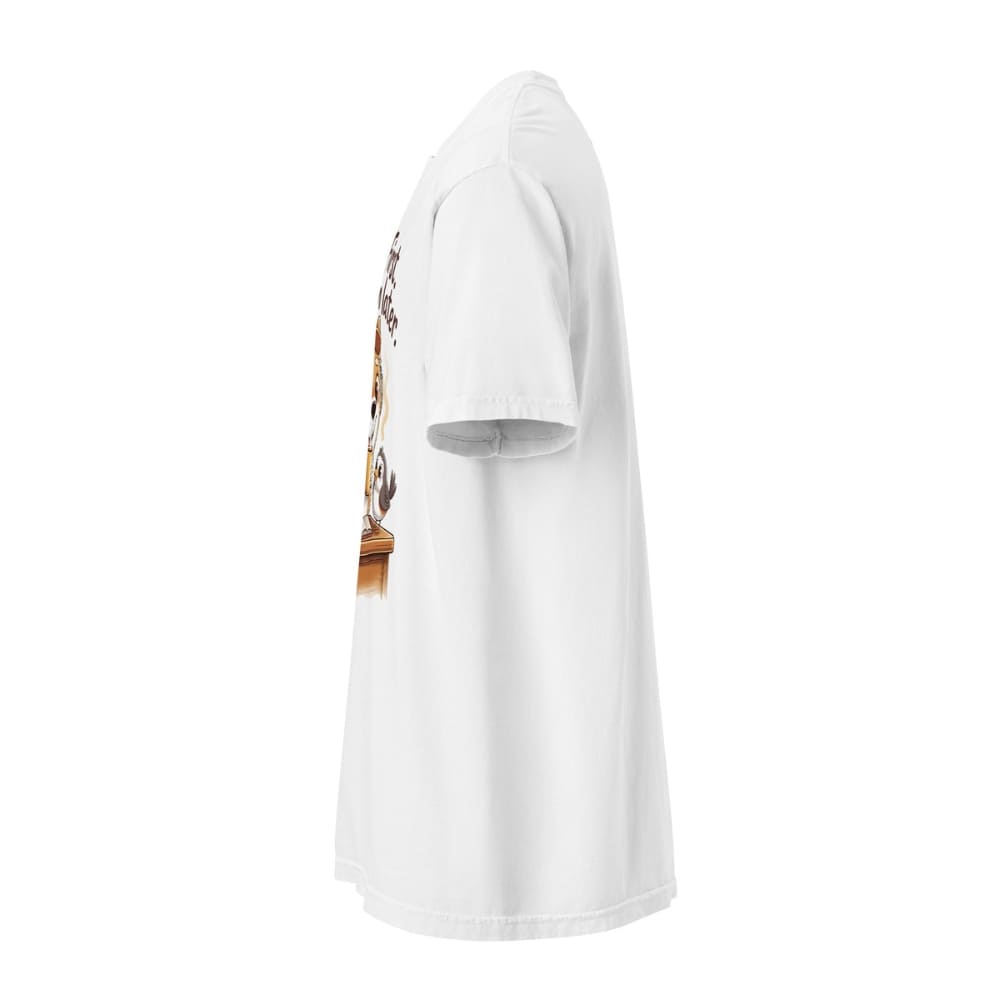 White t-shirt with a graphic design on a white background