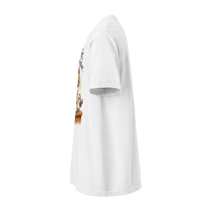 White t-shirt with a graphic design on a white background