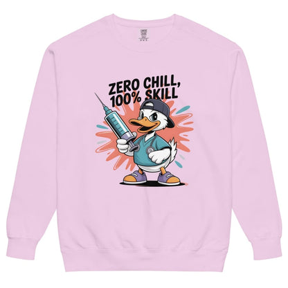 Pink sweatshirt with cartoon duck holding a syringe and text 'Zero Chill, 100% Skill' on a white background
