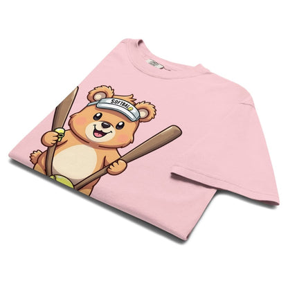 Cartoon bear holding softball bats and ball wearing a visor labeled “Softball” – printed on garment-dyed heavyweight t-shirt for sporty moms