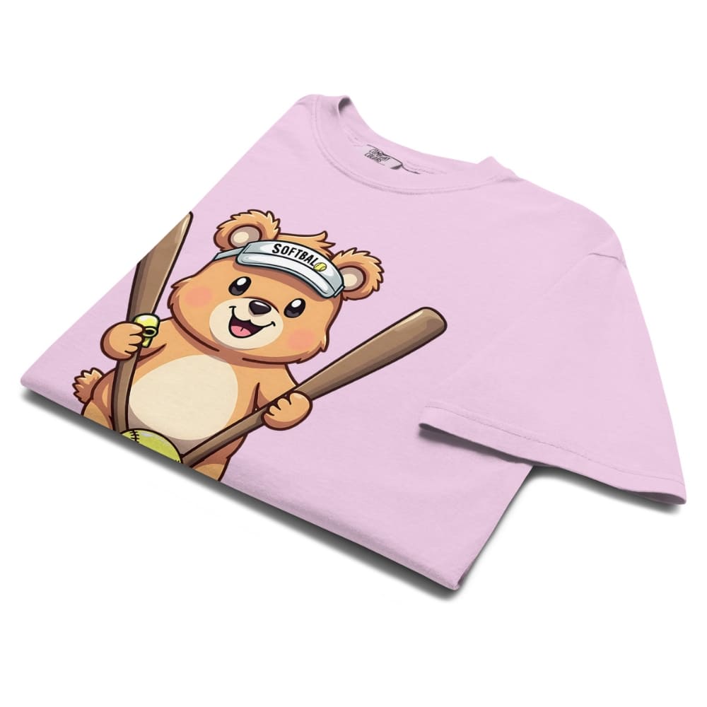 Cartoon bear holding softball bats and ball wearing a visor labeled “Softball” – printed on garment-dyed heavyweight t-shirt for sporty moms