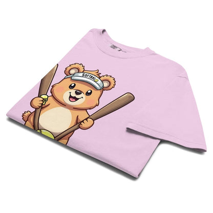 Cartoon bear holding softball bats and ball wearing a visor labeled “Softball” – printed on garment-dyed heavyweight t-shirt for sporty moms