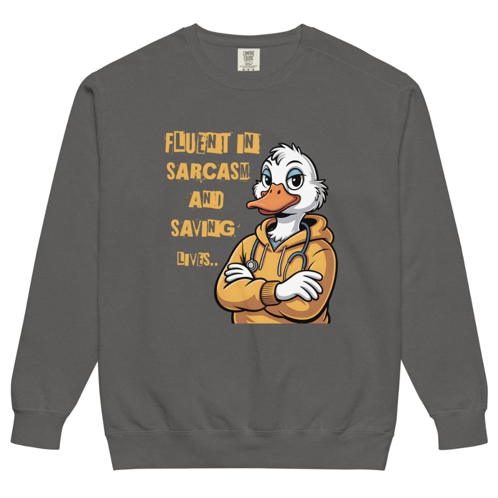 Gray sweatshirt with cartoon duck character and text on a white background