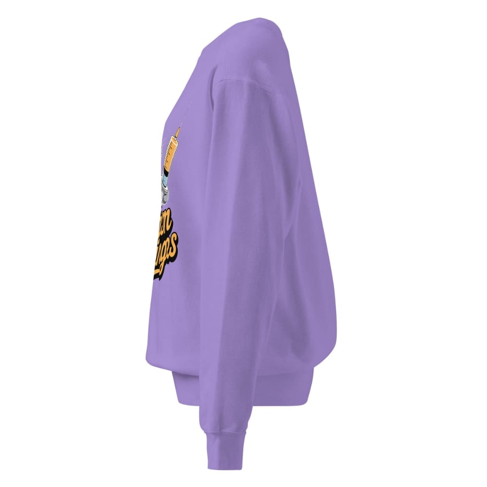 Purple sweatshirt with a logo on the sleeve against a white background