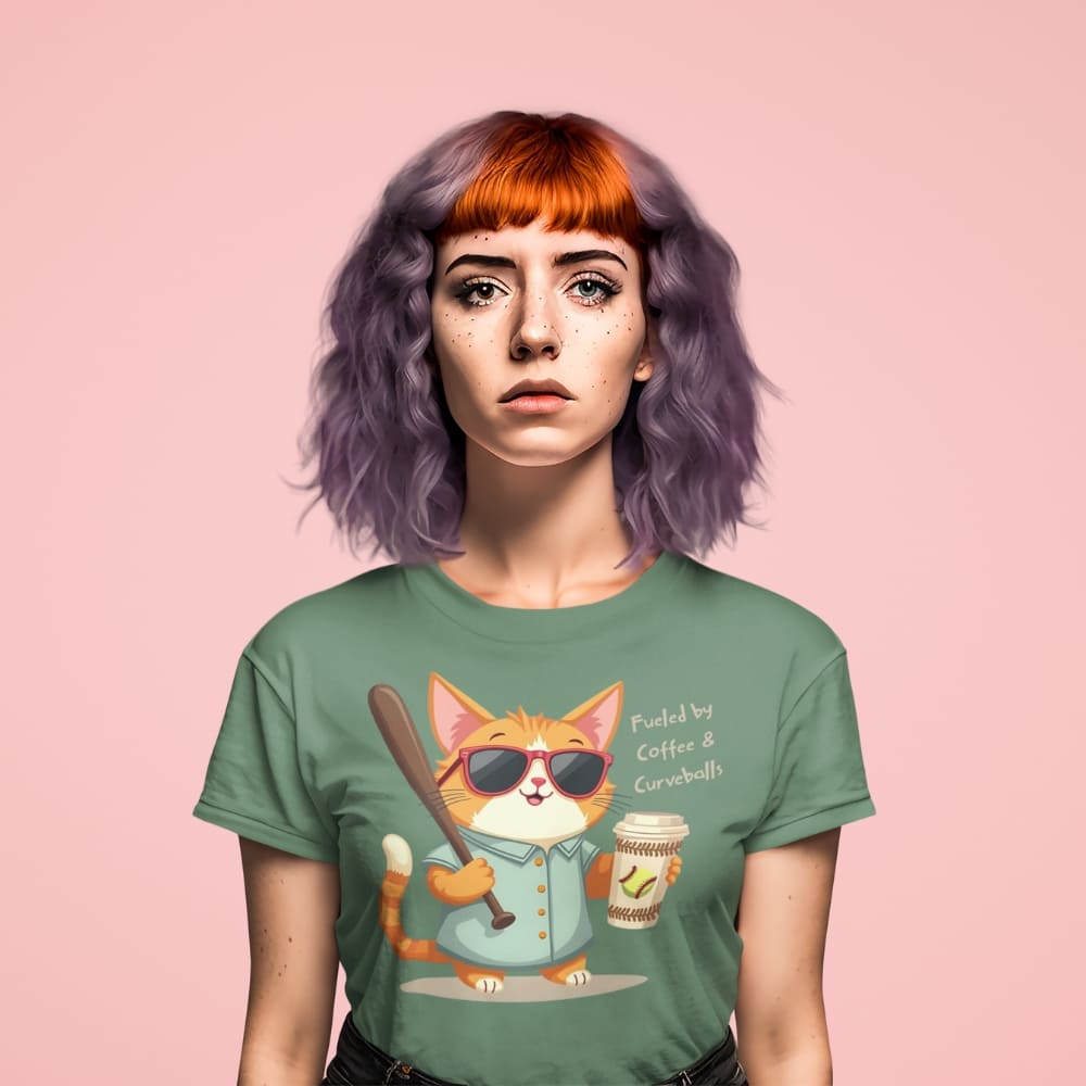 Cool cat with sunglasses holding a softball bat and coffee cup, beside text “Fueled by Coffee & Curveballs” – printed on soft heavyweight t-shirt for sporty moms