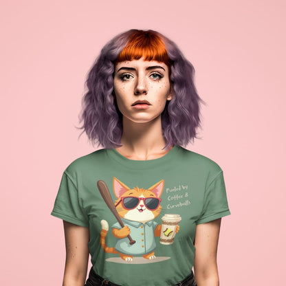 Cool cat with sunglasses holding a softball bat and coffee cup, beside text “Fueled by Coffee & Curveballs” – printed on soft heavyweight t-shirt for sporty moms