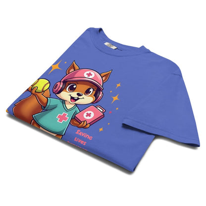 Cute squirrel nurse cartoon in scrubs, pink cap, and headset holding a softball and medical kit with the phrase “Saving Lives Between Innings” — printed on a heavyweight cotton t-shirt