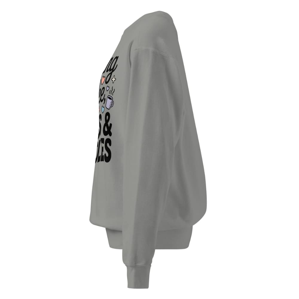 Gray sweatshirt with text and graphics on the sleeve against a white background