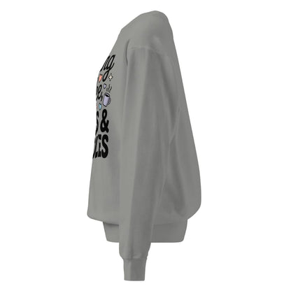 Gray sweatshirt with text and graphics on the sleeve against a white background