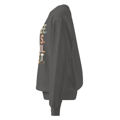 Dark gray sweatshirt with colorful text on the back against a white background