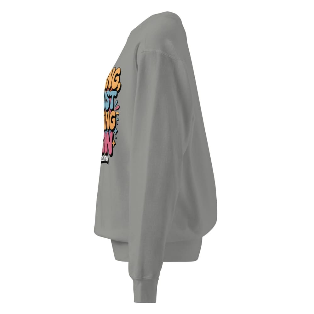 Gray sweatshirt with colorful text design on a white background
