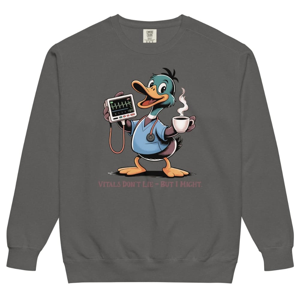 Gray sweatshirt with a cartoon duck holding a stethoscope and coffee cup on a white background