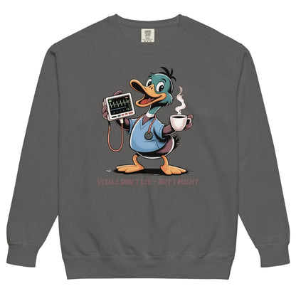 Gray sweatshirt with a cartoon duck holding a stethoscope and coffee cup on a white background