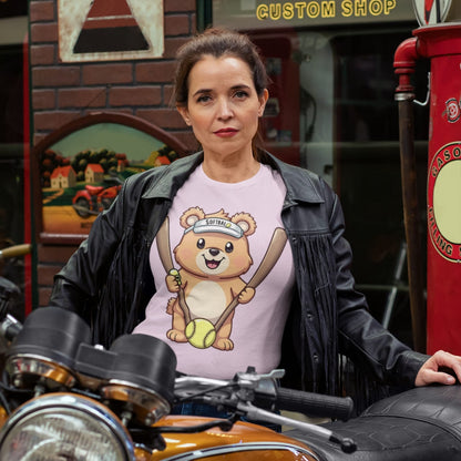 Cartoon bear holding softball bats and ball wearing a visor labeled “Softball” – printed on garment-dyed heavyweight t-shirt for sporty moms
