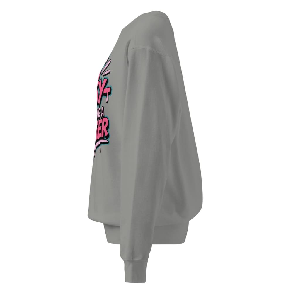 Gray sweatshirt with colorful text on the sleeve against a white background