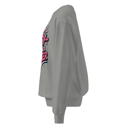 Gray sweatshirt with colorful text on the sleeve against a white background