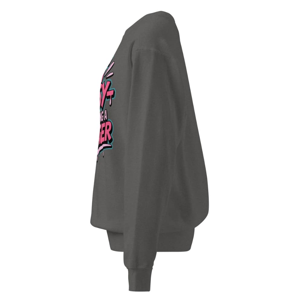 Gray sweatshirt with colorful graphic on the sleeve against a white background