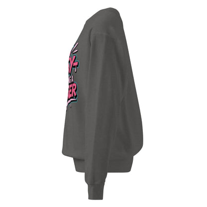 Gray sweatshirt with colorful graphic on the sleeve against a white background