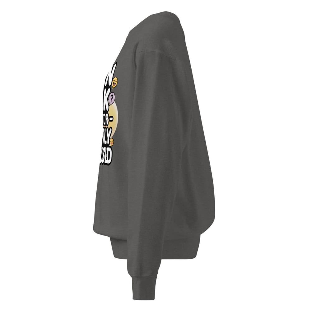 Gray sweatshirt with a colorful graphic on the back against a white background