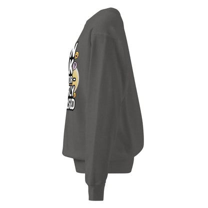 Gray sweatshirt with a colorful graphic on the back against a white background