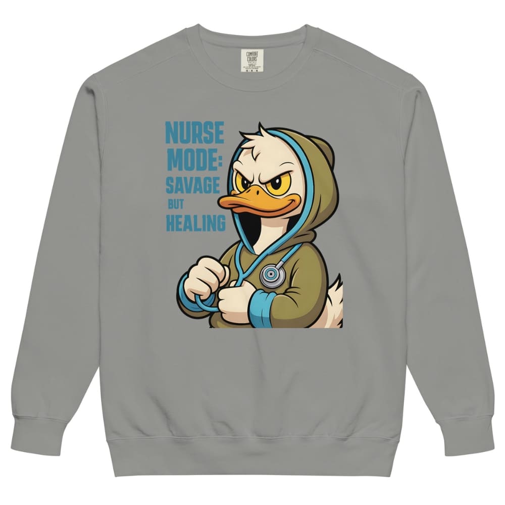 Gray sweatshirt with cartoon duck character and text on a white background