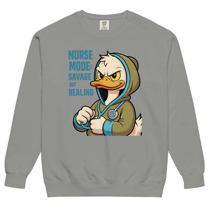 Gray sweatshirt with cartoon duck character and text on a white background