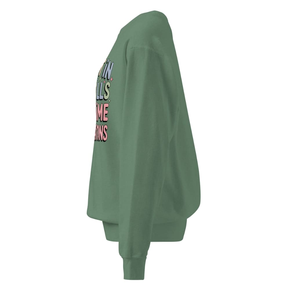 Green sweatshirt with colorful text on the back against a white background