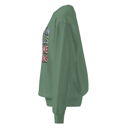 Green sweatshirt with colorful text on the back against a white background