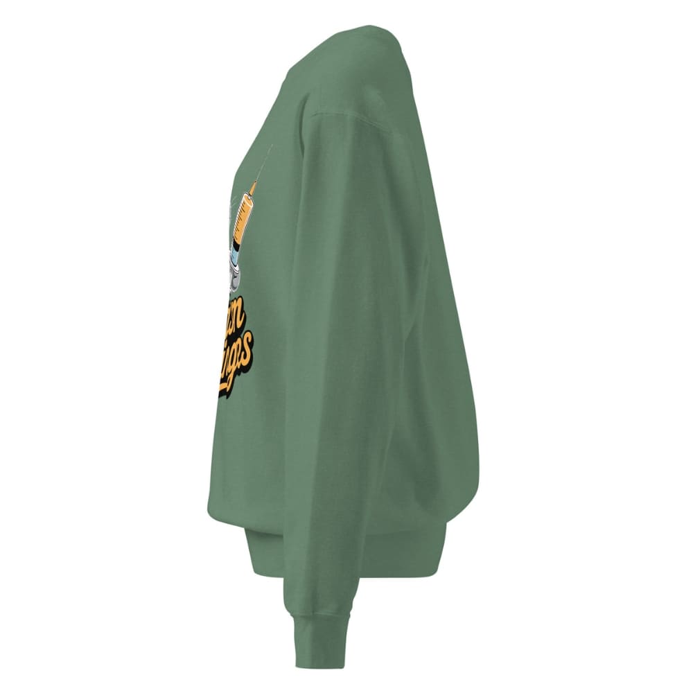 Green sweatshirt with text and graphics on a white background