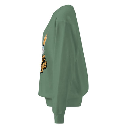 Green sweatshirt with text and graphics on a white background