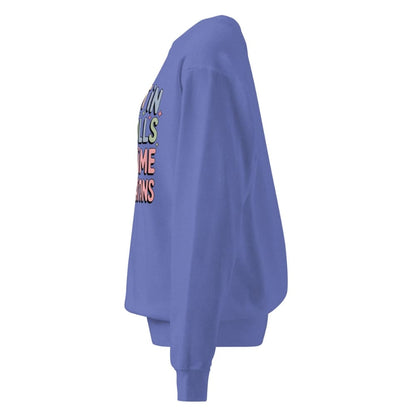 Purple sweatshirt with colorful text on the back against a white background