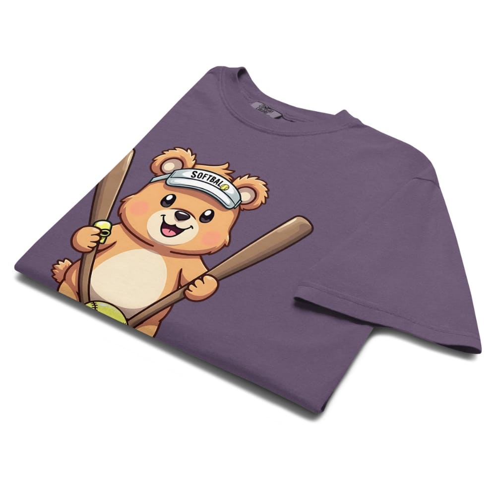Cartoon bear holding softball bats and ball wearing a visor labeled “Softball” – printed on garment-dyed heavyweight t-shirt for sporty moms