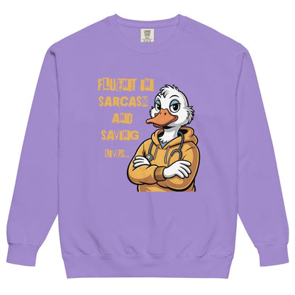 Purple sweatshirt with a cartoon duck character and text on a white background