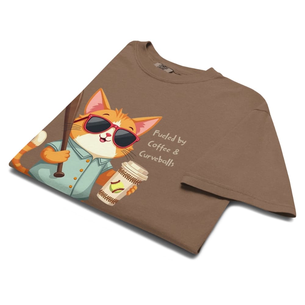 Cool cat with sunglasses holding a softball bat and coffee cup, beside text “Fueled by Coffee & Curveballs” – printed on soft heavyweight t-shirt for sporty moms