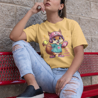Cute squirrel nurse cartoon in scrubs, pink cap, and headset holding a softball and medical kit with the phrase “Saving Lives Between Innings” — printed on a heavyweight cotton t-shirt
