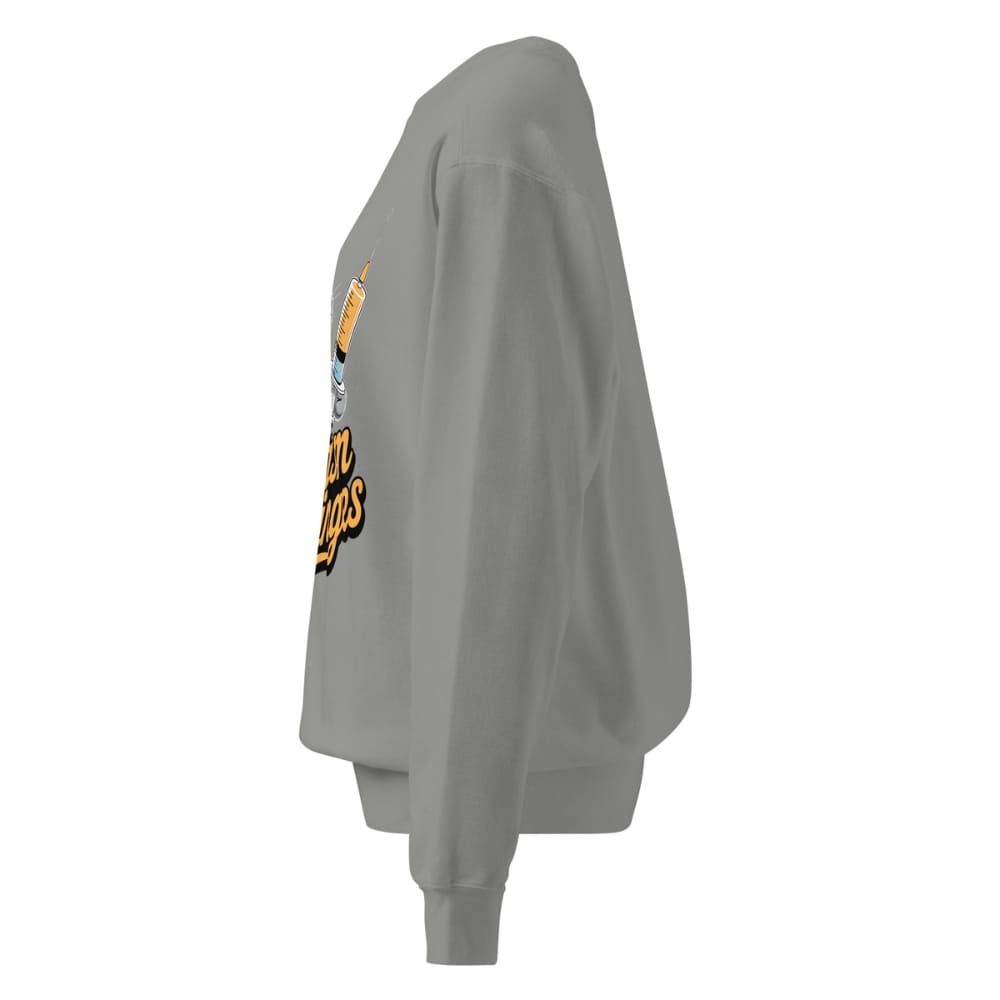 Gray sweatshirt with a logo on the sleeve against a white background