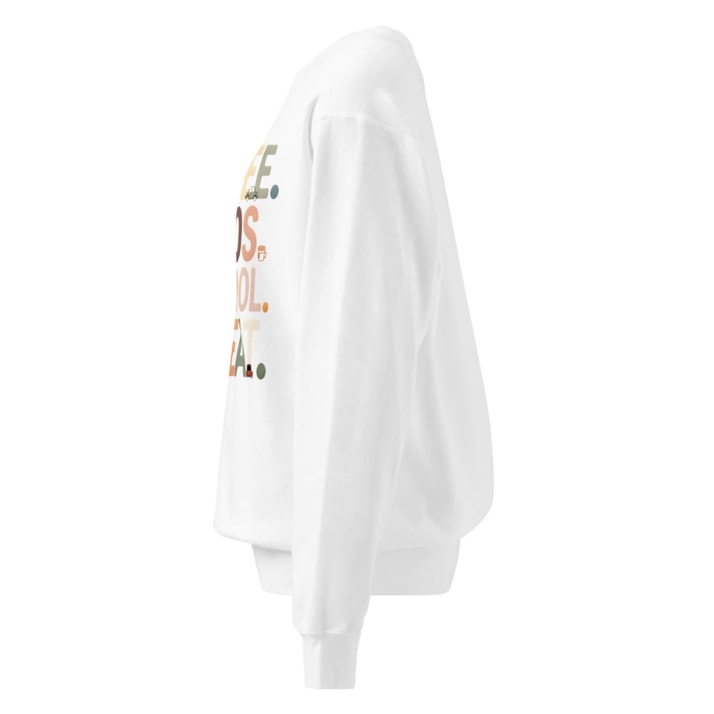 White sweatshirt with colorful text on a white background