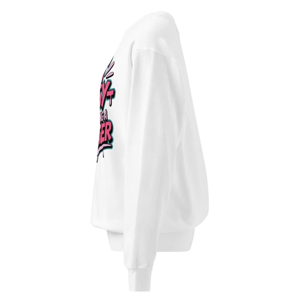 White sweatshirt with colorful graphic on the sleeve against a white background