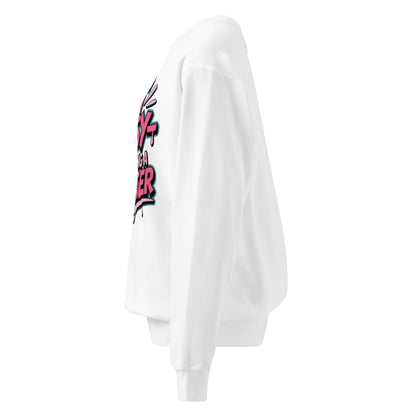 White sweatshirt with colorful graphic on the sleeve against a white background