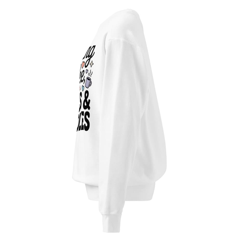 White sweatshirt with text and graphics on a white background