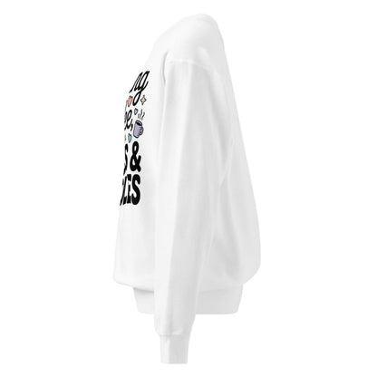 White sweatshirt with text and graphics on a white background