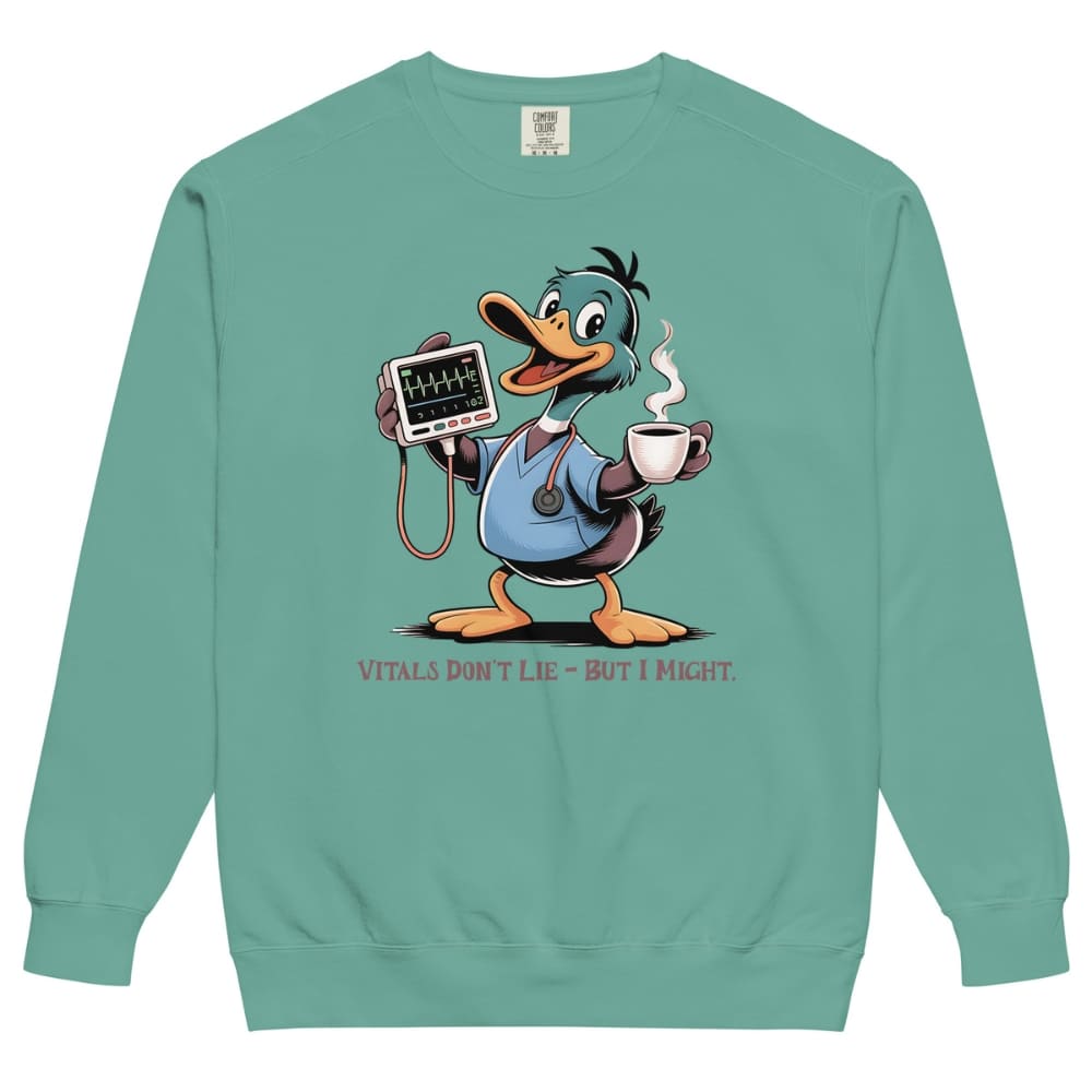 Teal sweatshirt with cartoon duck character holding a stethoscope and coffee cup on a white background
