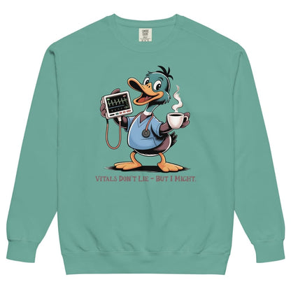 Teal sweatshirt with cartoon duck character holding a stethoscope and coffee cup on a white background