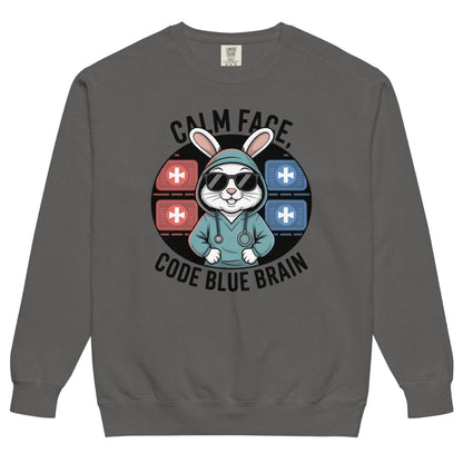 Gray sweatshirt with a graphic of a rabbit in a medical outfit and text 'Calm Face, Code Blue Brain' on a white background.