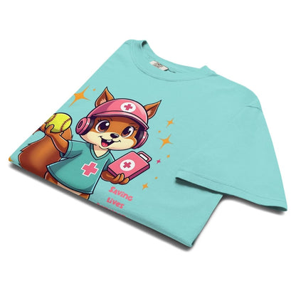 Cute squirrel nurse cartoon in scrubs, pink cap, and headset holding a softball and medical kit with the phrase “Saving Lives Between Innings” — printed on a heavyweight cotton t-shirt