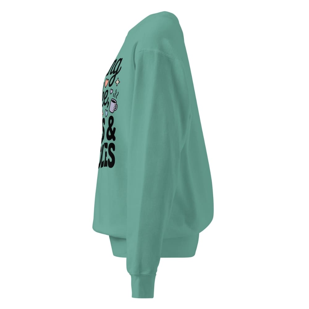 Green sweatshirt with text and graphics on the sleeve against a white background