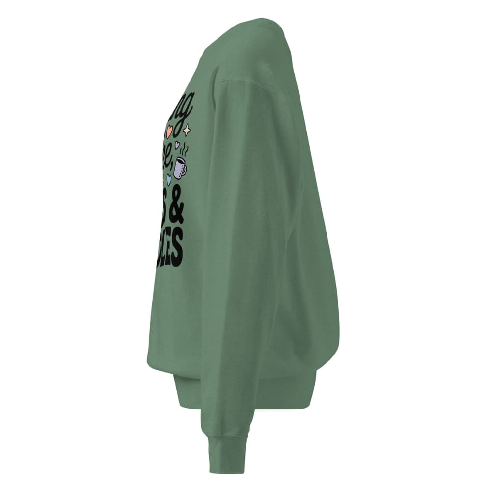 Green sweatshirt with text and graphics on a white background