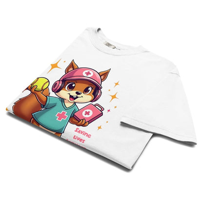Cute squirrel nurse cartoon in scrubs, pink cap, and headset holding a softball and medical kit with the phrase “Saving Lives Between Innings” — printed on a heavyweight cotton t-shirt